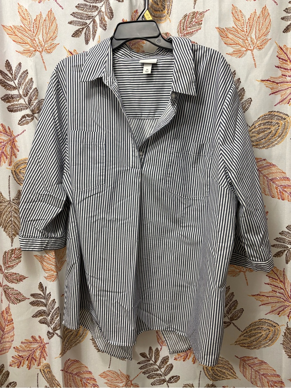 Ava & Viv Woman’s Black and White Striped Half Button-Down Shirt